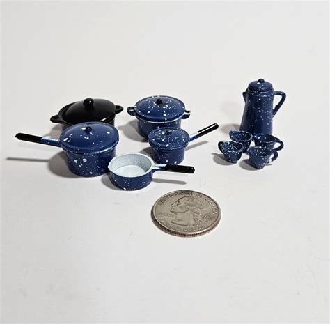 blue metal doll house kitchen stuff|NEW Vintage Miniature Doll House Blue White Speckled Enamel .